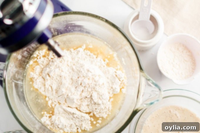 Initial mixing stage of bread dough in a stand mixer, showing flour being incorporated into wet ingredients.