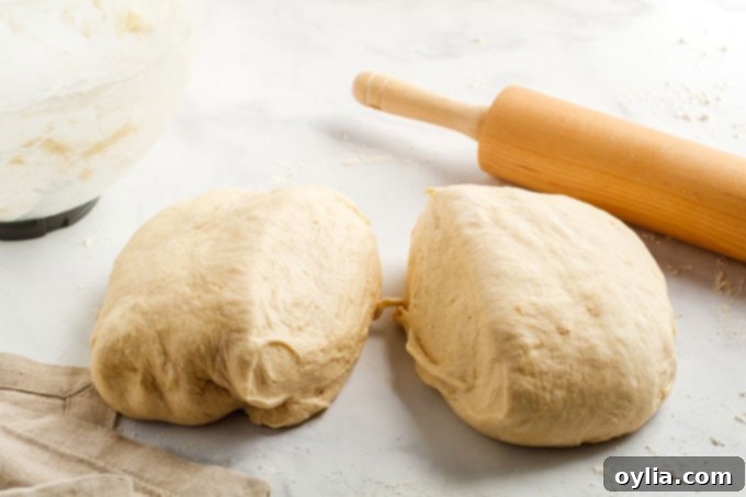 Bread dough divided into two equal pieces on a floured surface, ready for shaping.