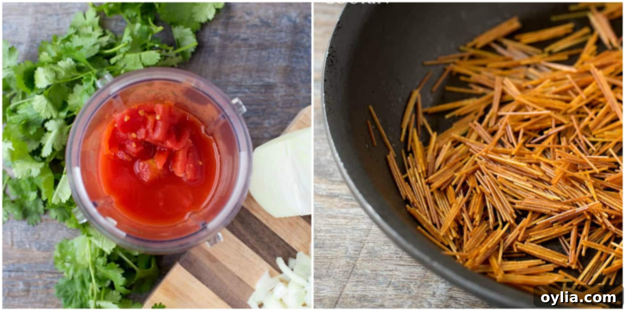 steps for mexican soup - blending tomatoes and browning the fideo noodles
