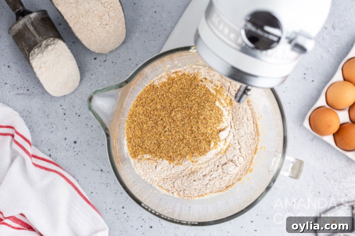 wheat germ in mixer bowl with milk