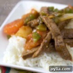 A close up of a white plate with white rice and Chinese pepper steak on top.