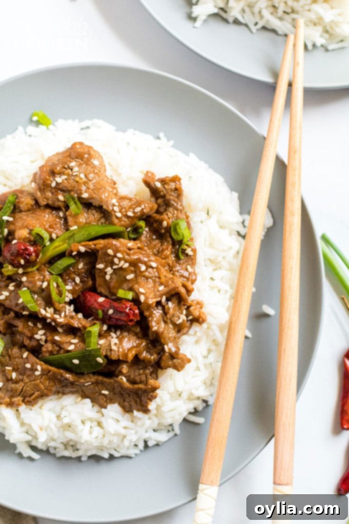 Plate of Mongolian Beef stir fry served with rice, garnished with green onions.