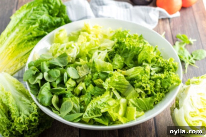 Chopped lettuces and greens in a large shallow bowl