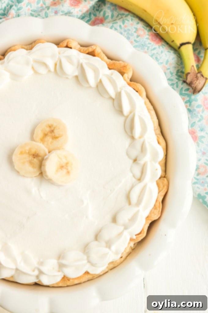 overhead view of banana cream pie that isn't sliced