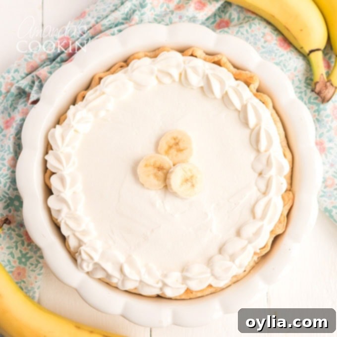 overhead view of whole banana cream pie