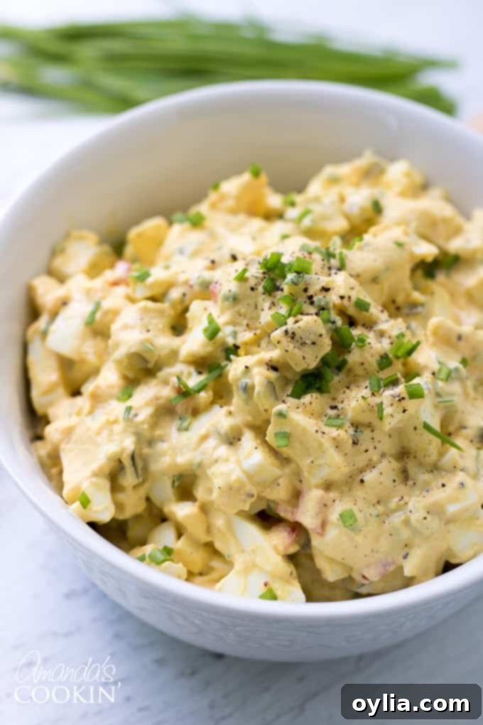 Perfectly mixed Egg Salad ready for serving, garnished with chives
