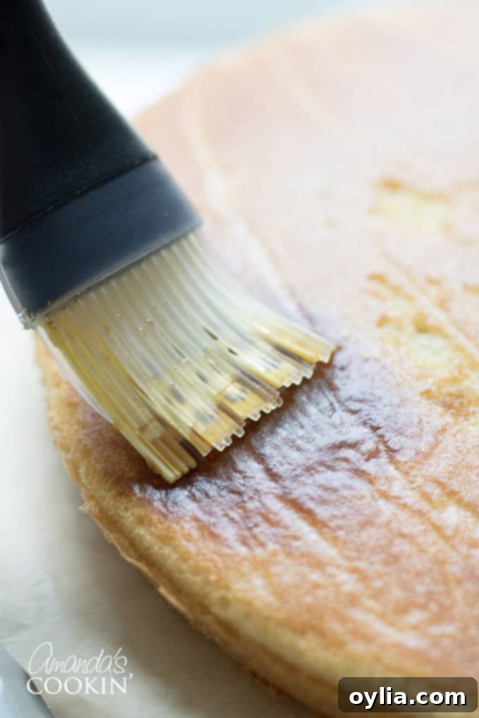Velvet Tiramisu Dream 7 A pastry brush applying espresso syrup to a cake layer.