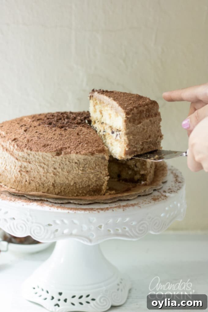 Tiramisu dessert in a layered Tiramisu cake. Indulge in espresso infused cake layers, mascarpone cheese filling, and a decadent coffee flavored icing. #tiramisucake #tiramisudesserts #partycake #cakerecipes #tiramisu #mascarpone #cocoa #amaretto #espresso #espressodesserts A close-up slice of Tiramisu cake revealing the intricate layers and the chocolate filling.