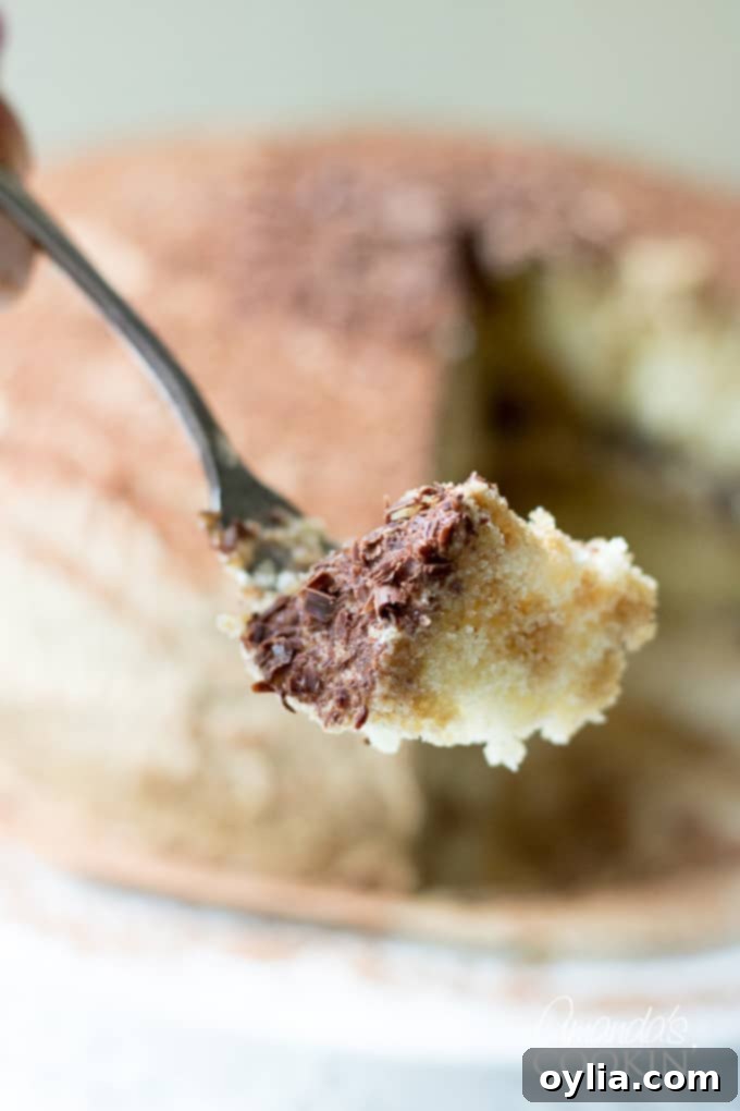 Tiramisu dessert in a layered Tiramisu cake. Indulge in espresso infused cake layers, mascarpone cheese filling, and a decadent coffee flavored icing. #tiramisucake #tiramisudesserts #partycake #cakerecipes #tiramisu #mascarpone #cocoa #amaretto #espresso #espressodesserts A fork taking a bite of the Tiramisu cake, showing the moist layers and creamy texture.