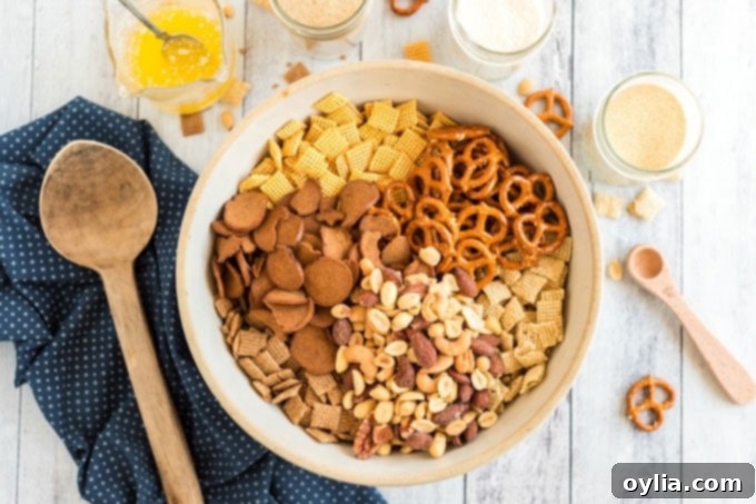 nuts, pretzels, cereal, and bagel chips in a bowl
