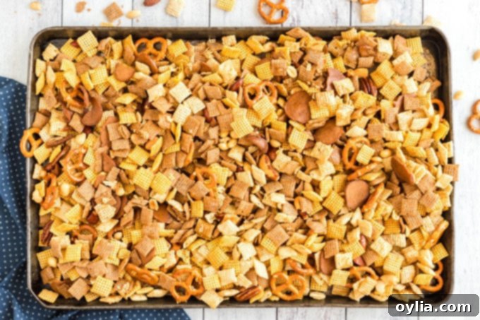 chex mix on a cookie sheet