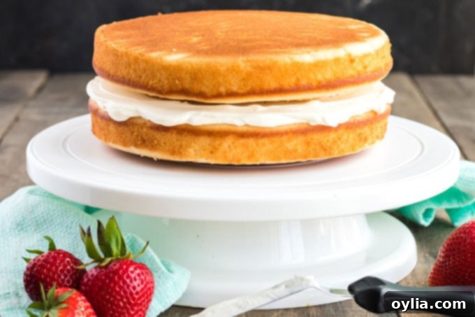 Timeless Vanilla Cake 9 two cake layers with cream cheese frosting in between on a cake platter