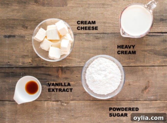 Timeless Vanilla Cake 3 ingredients for cream cheese frosting: cream cheese, heavy cream, powdered sugar, vanilla