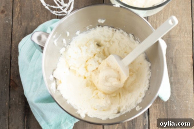 Timeless Vanilla Cake 8 Folding frosting ingredients together in a bowl with a rubber spatula