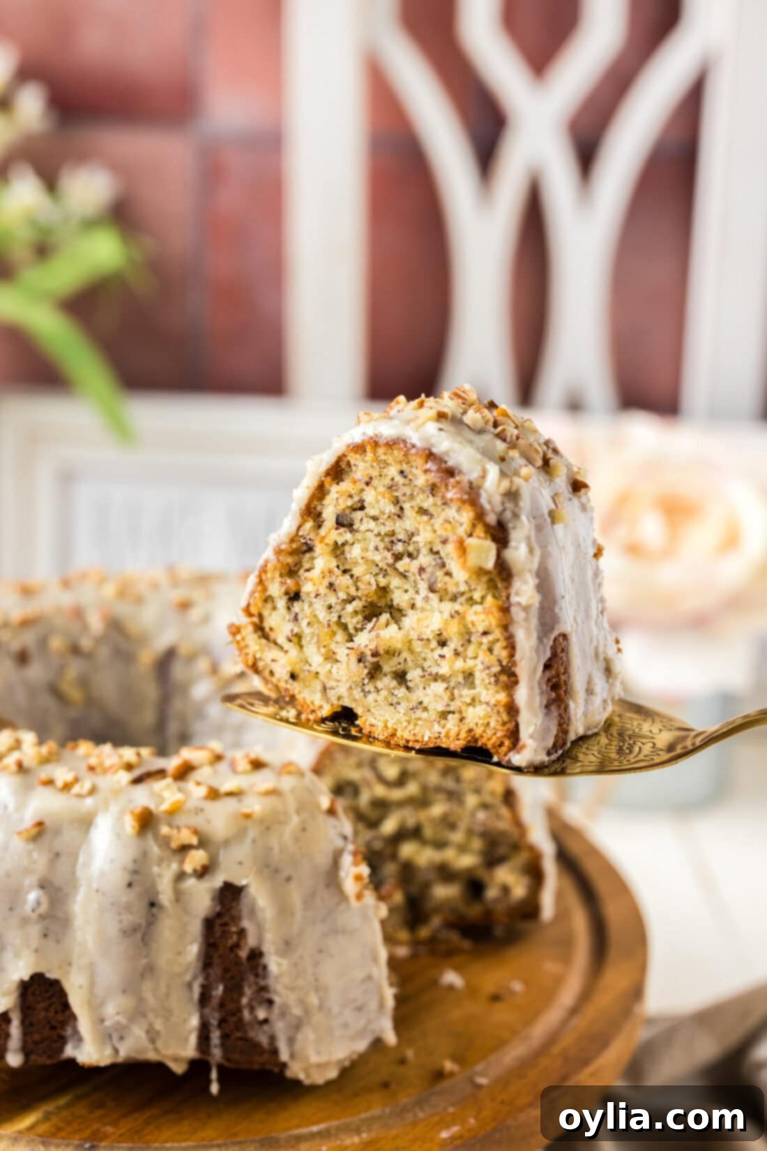 Slice of Banana Bundt Cake on a pie server