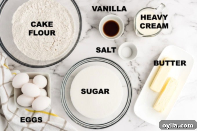 labeled ingredients for pound cake recipe