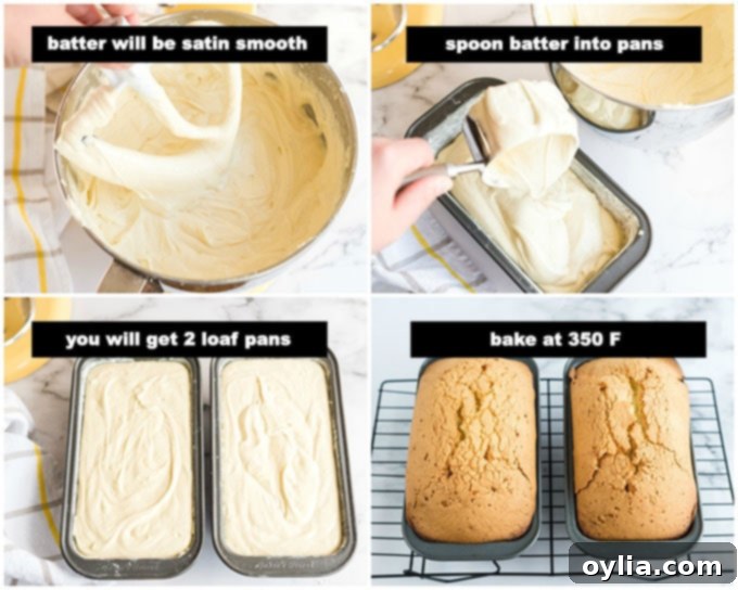 illustrated steps for spooning batter into loaf pans