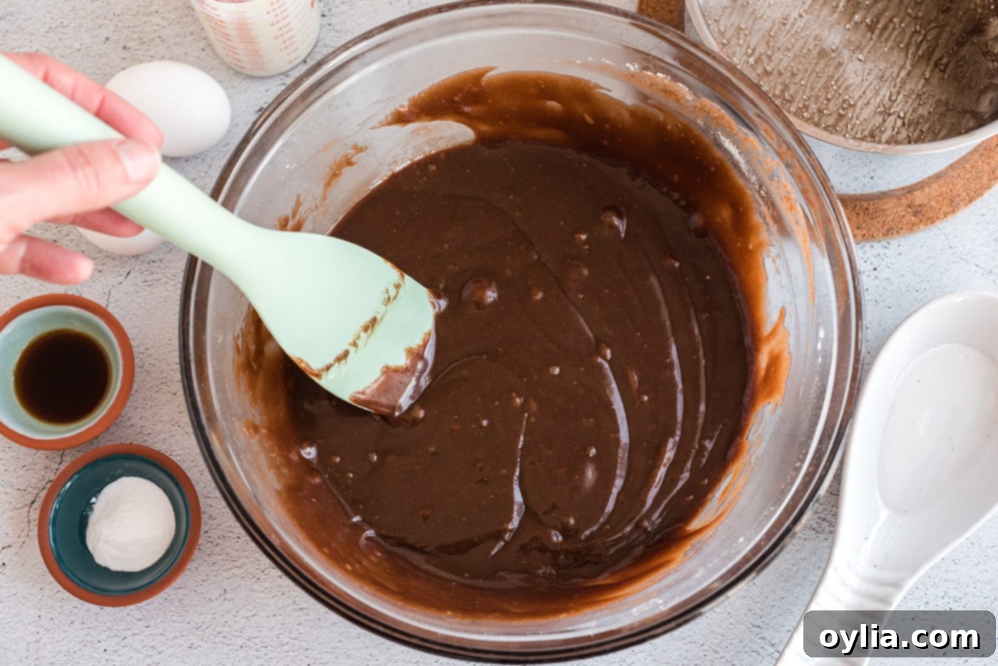 Smooth chocolate Texas Sheet Cake batter in a mixing bowl