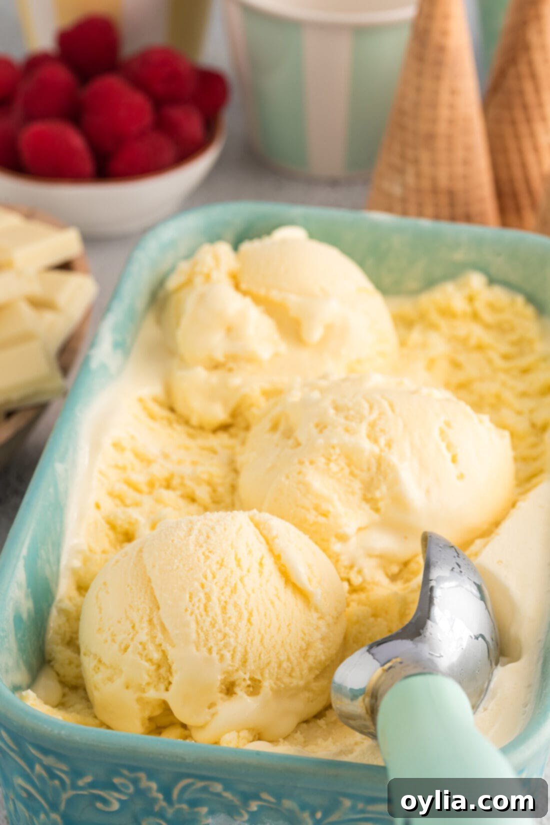 Close up photo of scoops of White Chocolate Ice Cream in a pan