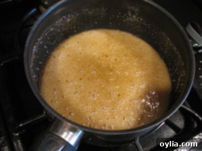 A photo of water and sugar in a large, heavy bottomed saucepan.