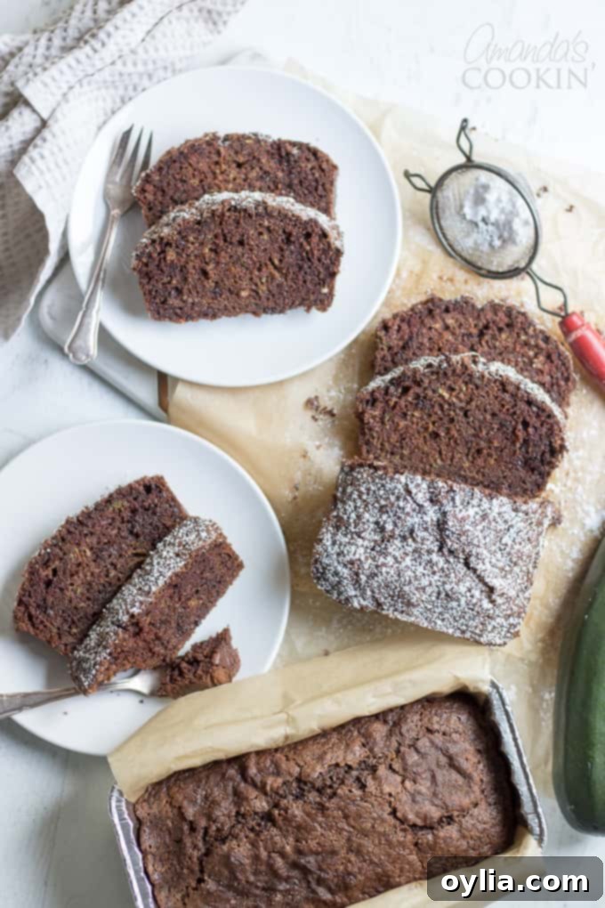 Chocolate Zucchini Bread sliced with powdered sugar on top