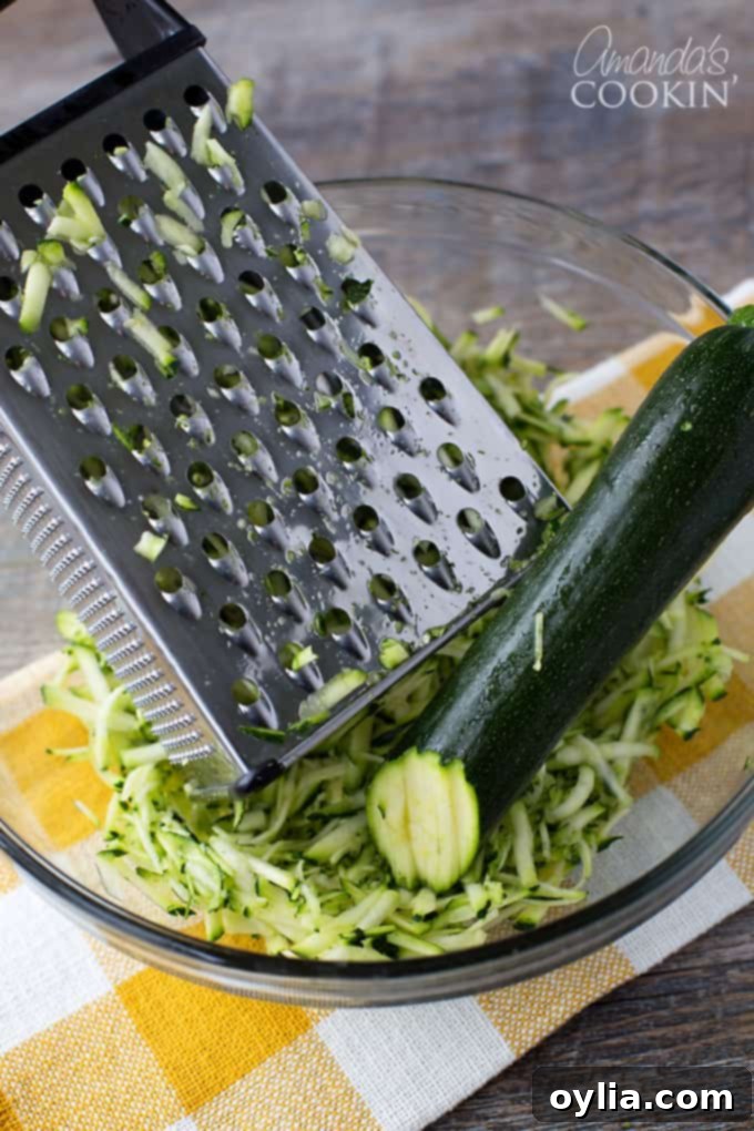 Close-up of freshly grated zucchini, ready for baking