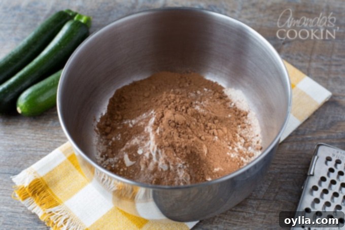 Dry ingredients for chocolate zucchini bread mixed in a bowl