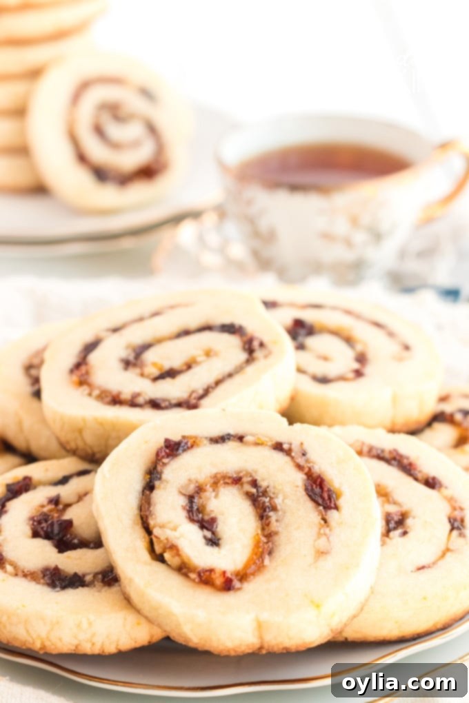 A beautifully arranged plate full of freshly baked cranberry orange spiral cookies, showcasing their intricate red and orange swirl patterns against a light golden backdrop.