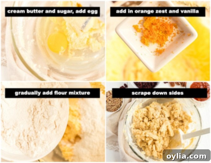A step-by-step photo collage showing the process of mixing cookie dough ingredients in a bowl.