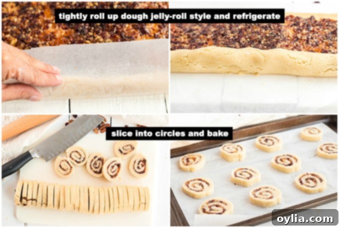 A two-part image showing the tightly rolled dough log on parchment paper and the subsequent slicing of the chilled dough into uniform spiral cookies with a sharp knife.