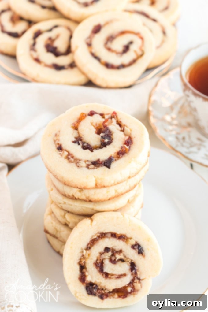 A stack of golden-brown cranberry orange spiral cookies, each revealing its distinct and appetizing swirl of fruit and nuts, ready for serving.
