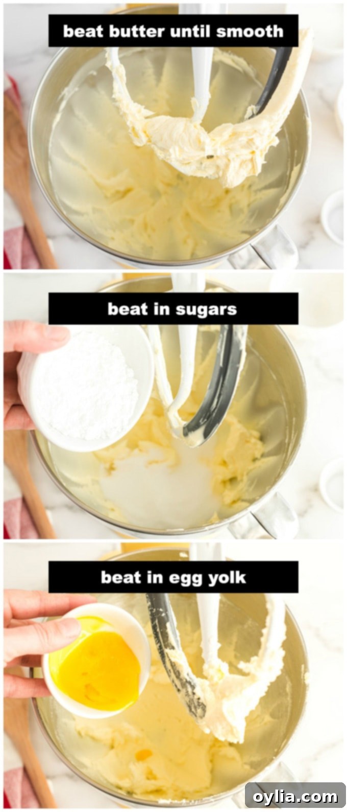 Close-up of butter, sugars, and egg yolks mixing in a stand mixer