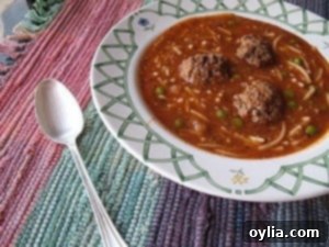A close up photo of a bowl of Amanda's meatball soup.