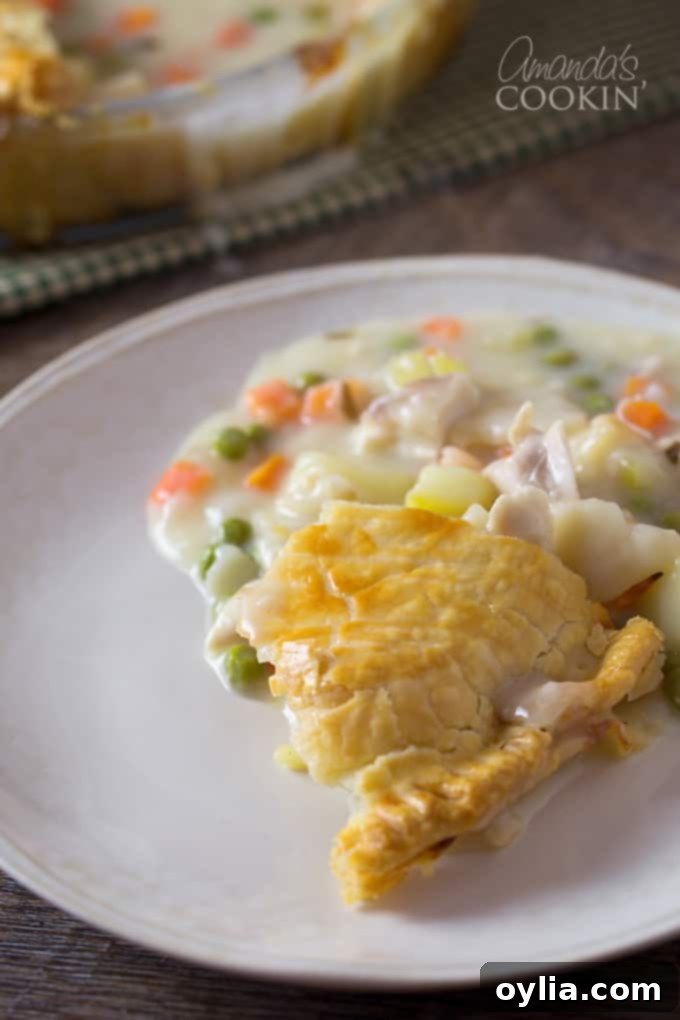 A close up of a generous serving of homemade pot pie on a white plate, highlighting the golden crust.