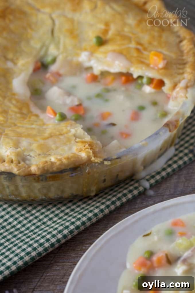 A close up of a homemade pot pie with a slice carefully removed, revealing the delicious filling.