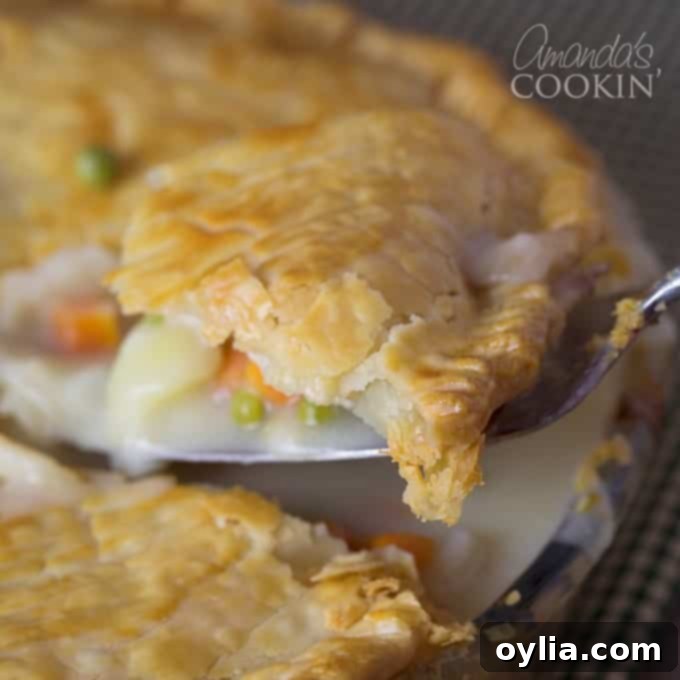 Delicious homemade chicken or turkey pot pie, showcasing a generous portion ready to be enjoyed!