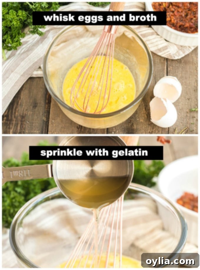 whisking eggs with broth