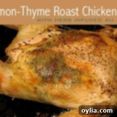 Lemon-Thyme Roast Chicken with Jus 2 A close up photo of a lemon thyme roast chicken with jus.