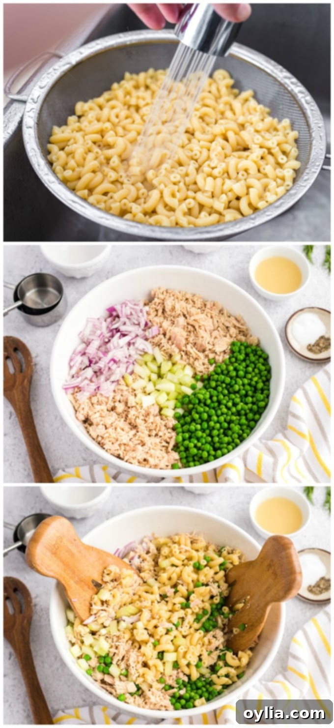 This easy tuna pasta salad recipe is perfect for potlucks and barbecues, or simply a protein-packed and satisfying lunch! Cooked macaroni being rinsed in a colander, and various salad ingredients in a bowl