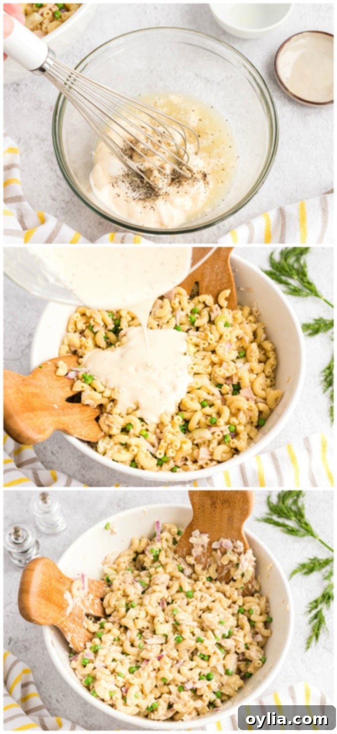 This easy tuna pasta salad recipe is perfect for potlucks and barbecues, or simply a protein-packed and satisfying lunch! Creamy mayonnaise and lemon dressing being poured over the tuna pasta salad mixture