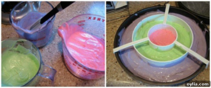 Checkerboard Easter Cake steps for mixing and coloring batter
