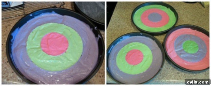 Checkerboard Easter Cake steps for filling pans and baking