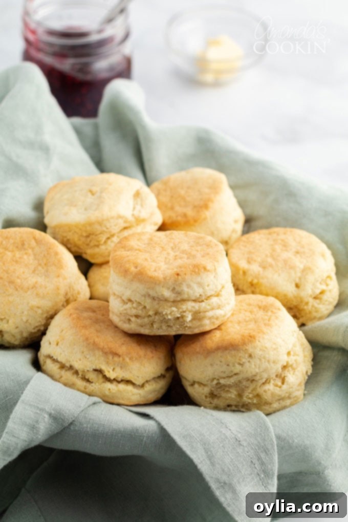 A charming basket overflowing with golden-brown, flaky homemade biscuits, ready to be served and enjoyed