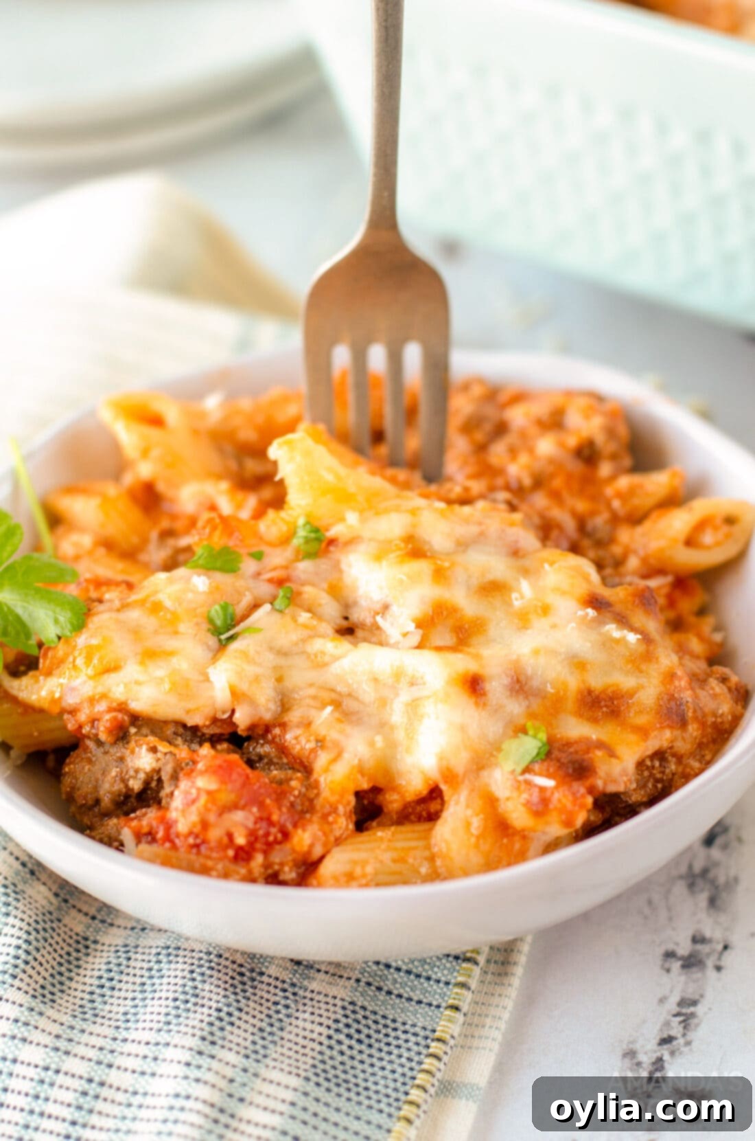 Savory Layered Pasta Dream 5 fork in a bowl of baked ziti