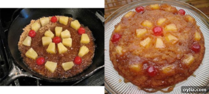 Older photo of a pineapple upside down cake, demonstrating varying pineapple chunk sizes.