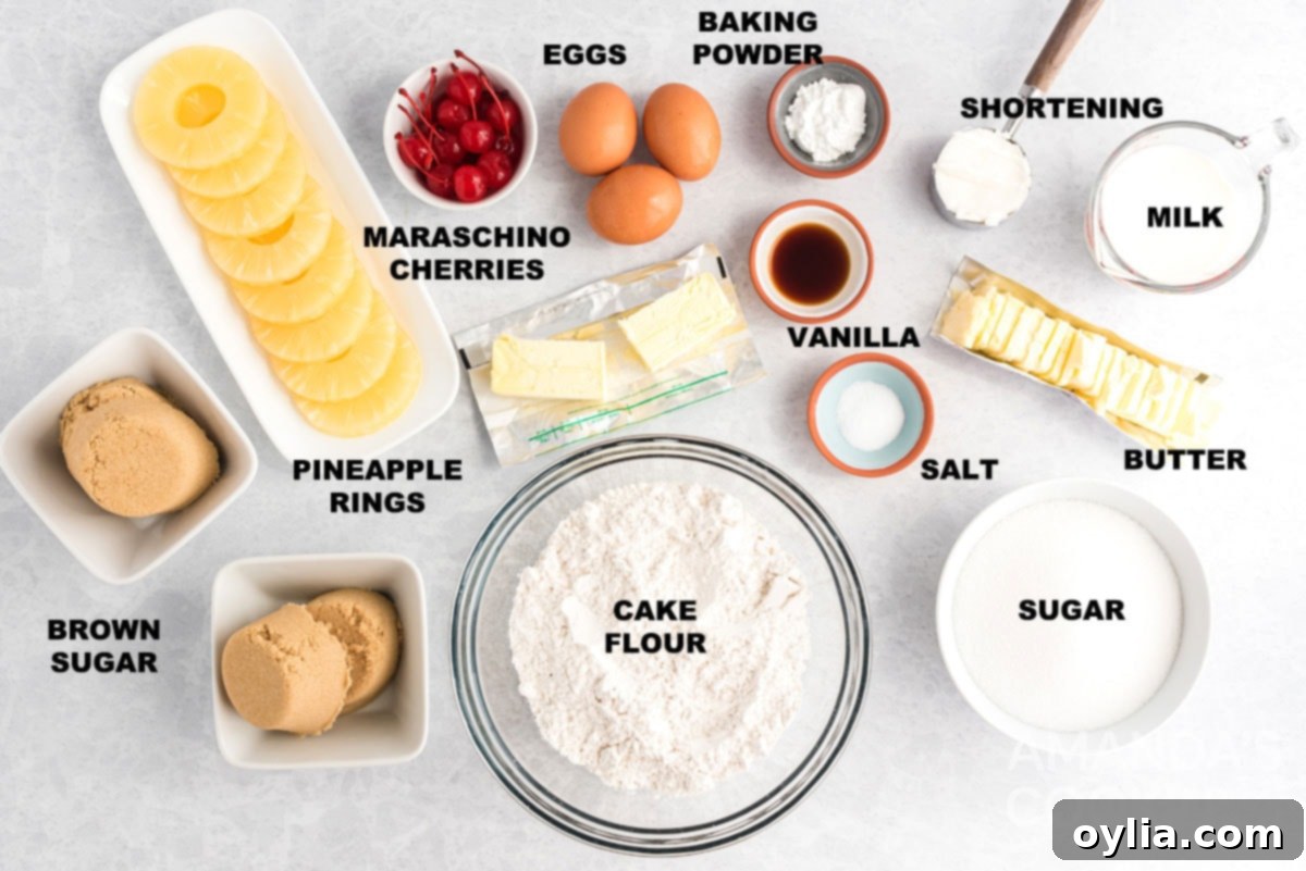 Labeled ingredients for homemade pineapple upside down cake, neatly arranged on a counter.