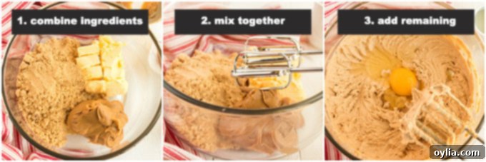 Step-by-step photos showing the mixing process for homemade peanut butter cookies.