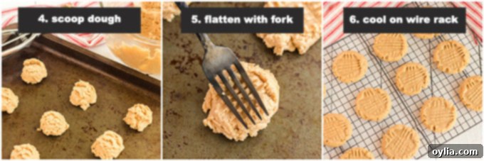 Step-by-step photos illustrating how to scoop and create the criss-cross pattern for peanut butter cookies.