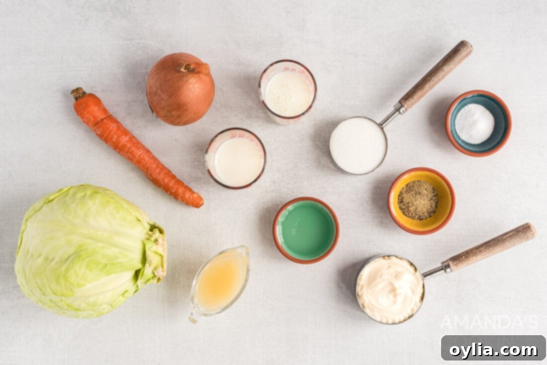 Ingredients laid out for making KFC coleslaw, including cabbage, carrots, mayonnaise, and other dressing components.