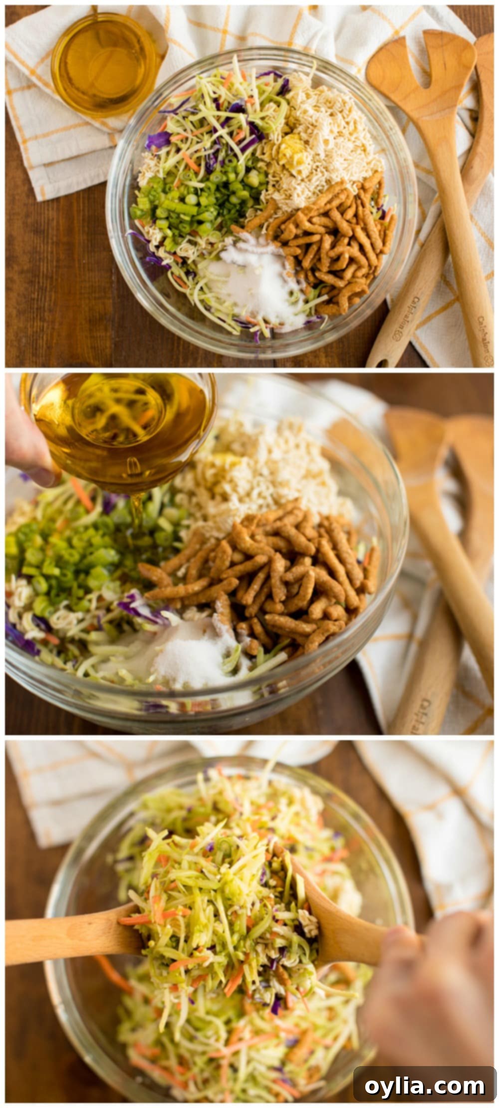 A visual step-by-step guide illustrating the easy process of how to make Asian Broccoli Slaw, from preparing ingredients to the final toss.